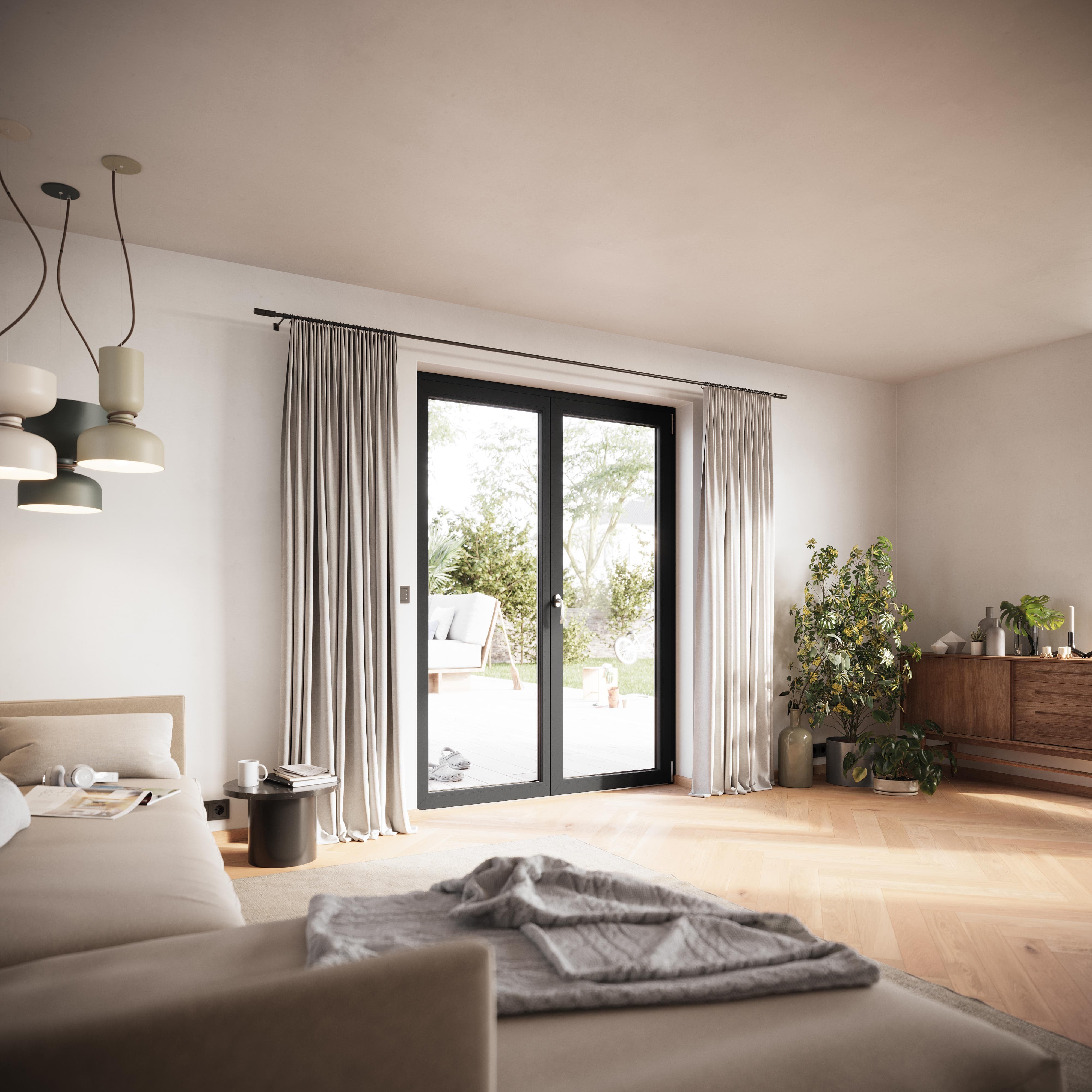 CASTELLO New Wohnzimmer Balkontuer 2flg SchwarzUltiMatt Standardgriff innen mitPZ RGB